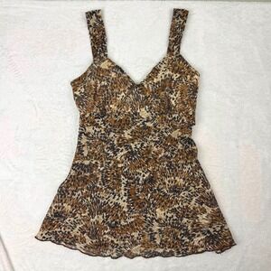 IZ Byer California Animal Print Babydoll Cami Top Brown Y2K Sheer Tie Back Large